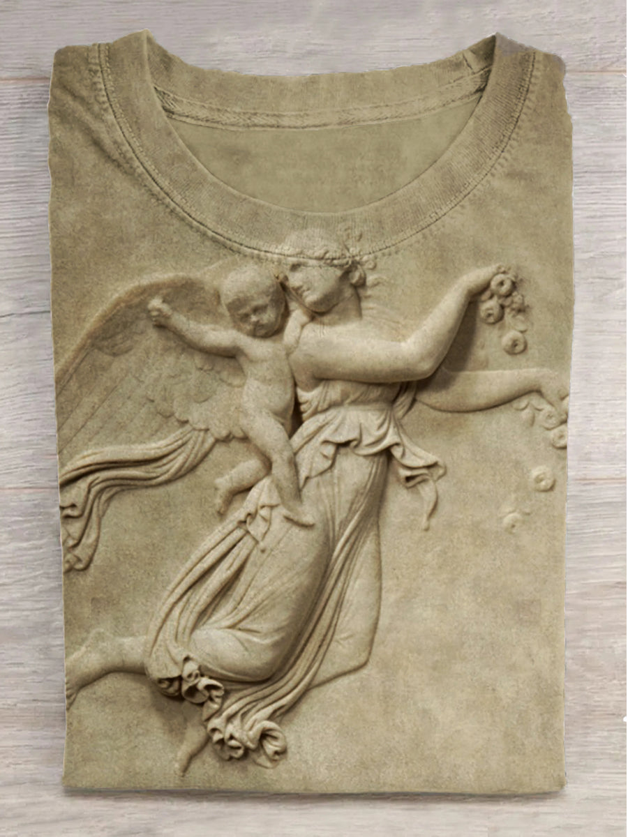 Embossed Flying Goddess Art Print Round Neck Short Sleeve T-Shirt