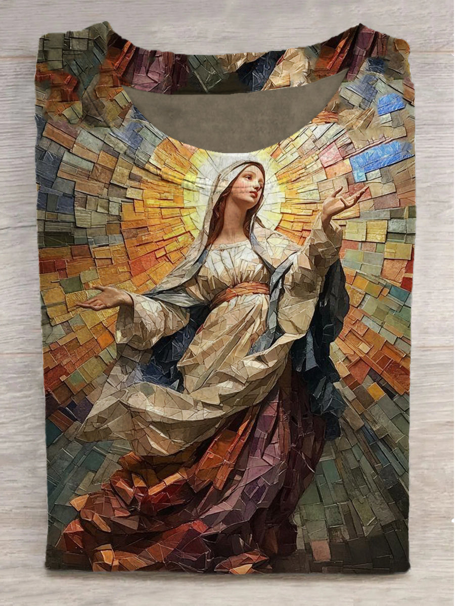 Virgin Mary Printed Round Neck Short Sleeve T-Shirt