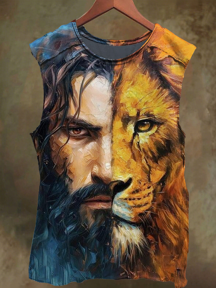 Unisex Oil Painting Jesus and Lion Print Casual Cotton Tank Top