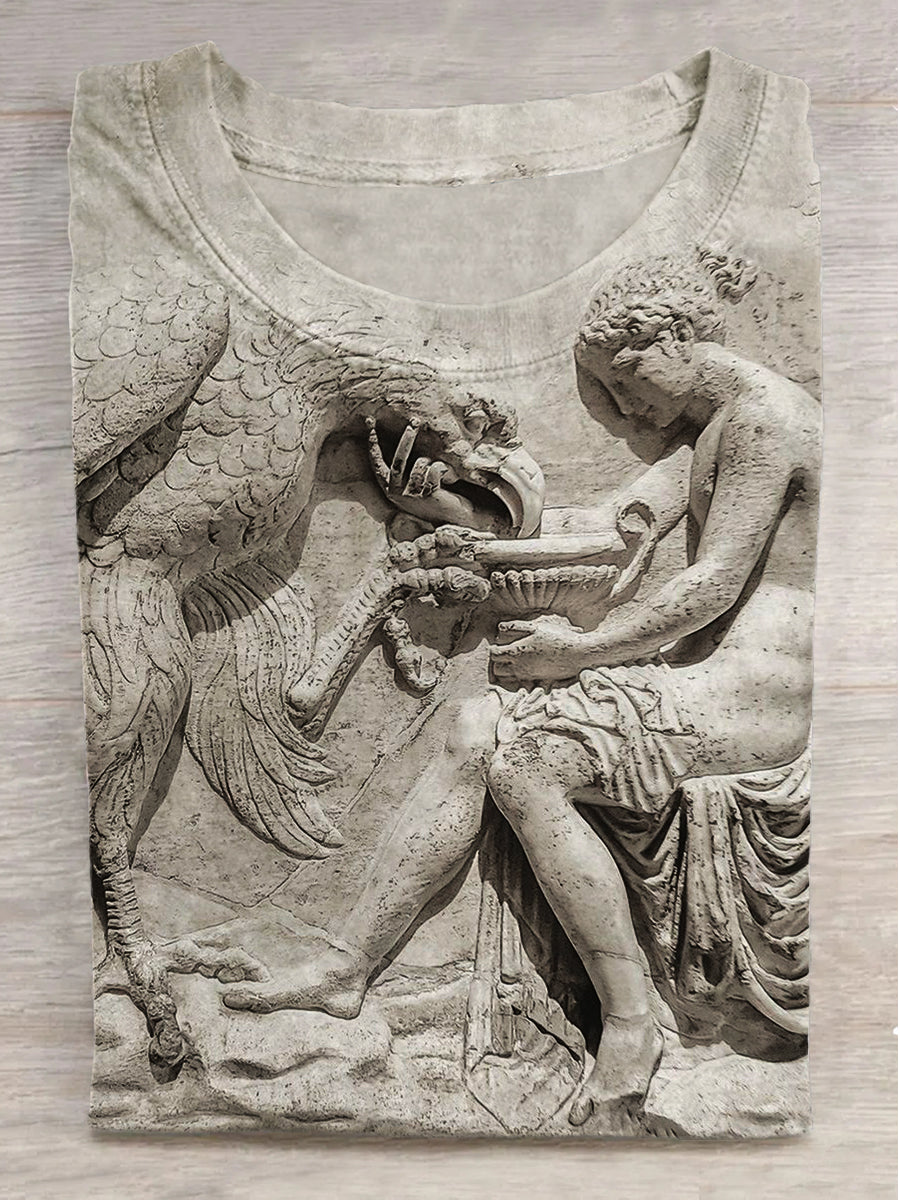 Embossed art print round neck short sleeve T-shirt