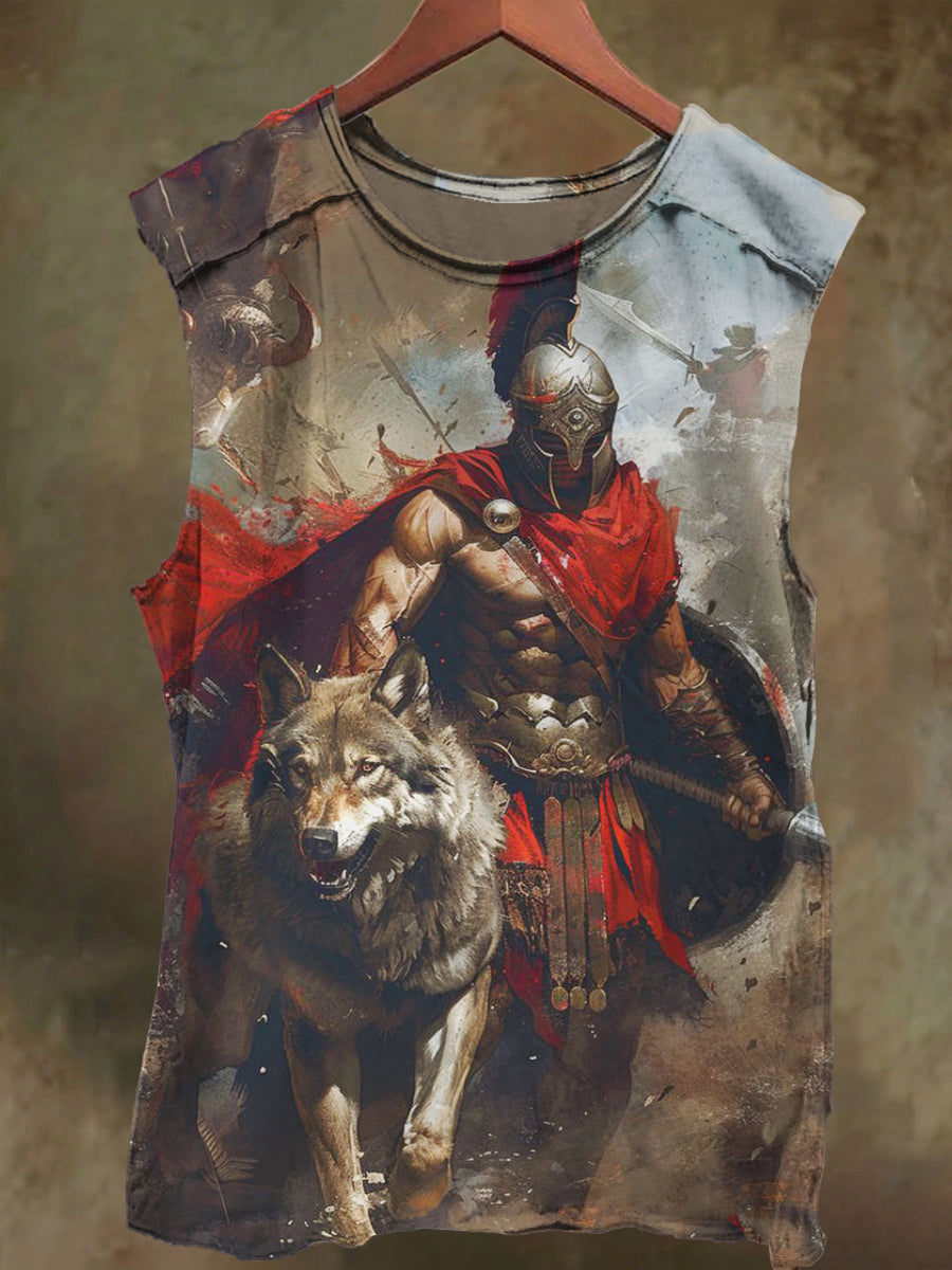 Unisex Knight and Wolf Print Casual Cotton Tank Top