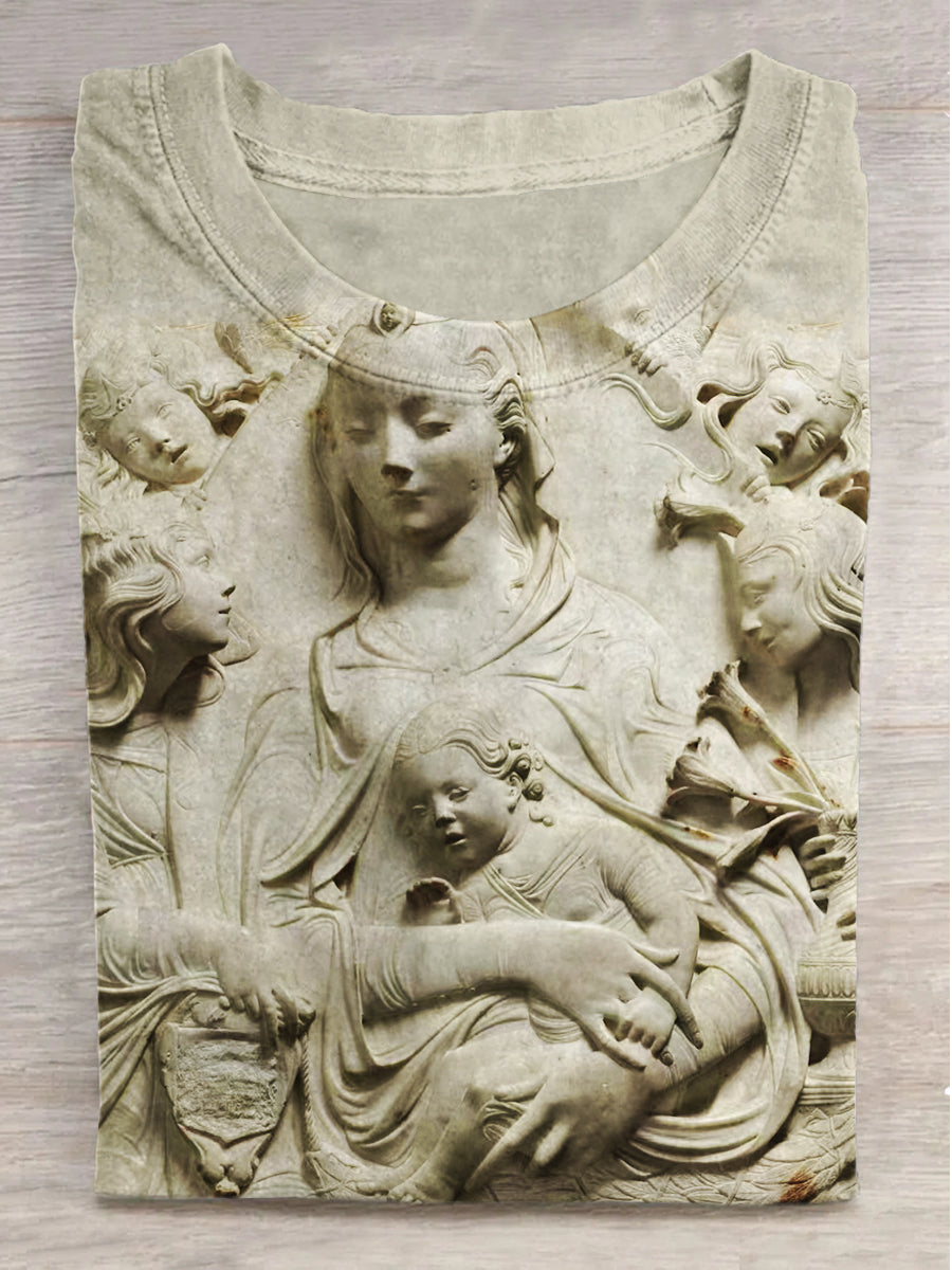 Embossed Madonna and Child Four Angels Print Short Sleeve T-Shirt