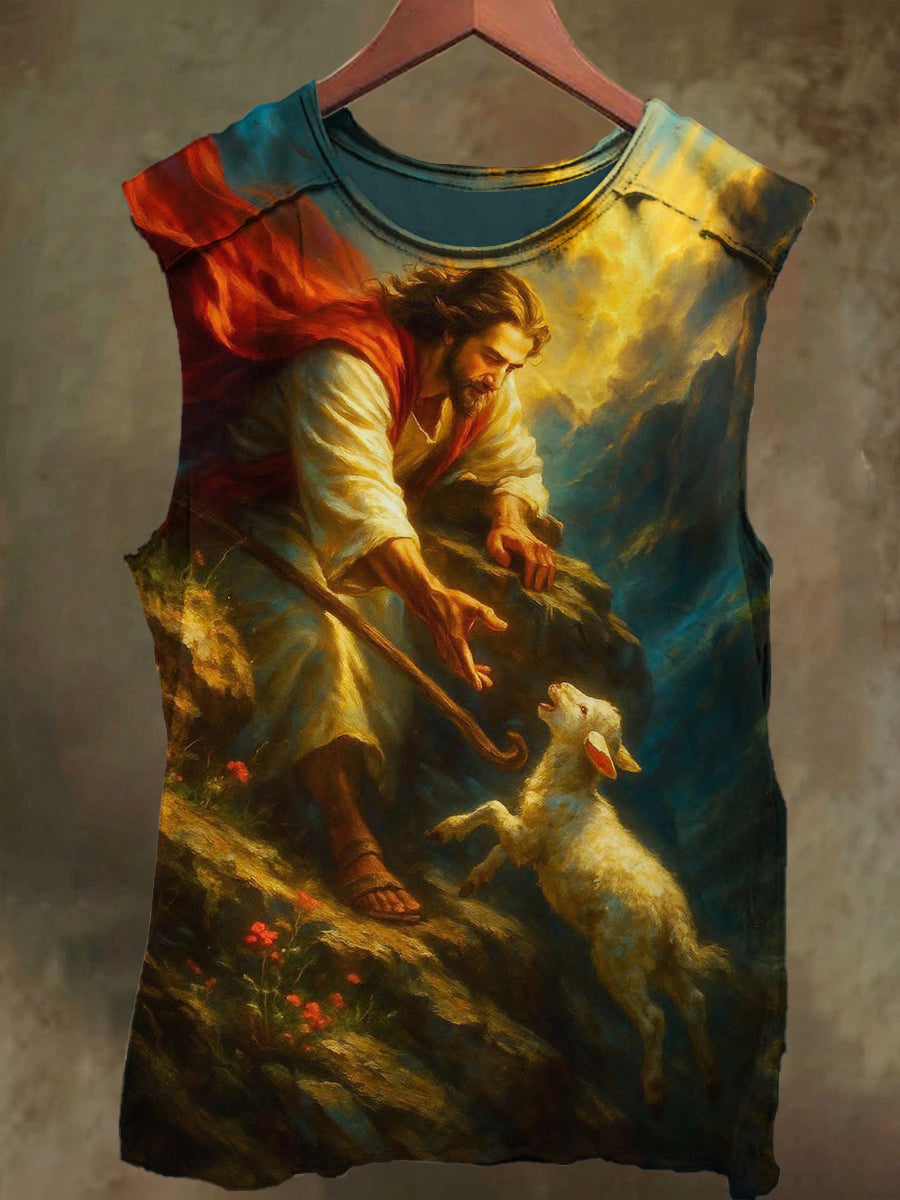Unisex Jesus and Sheep Print Casual Cotton Tank Top