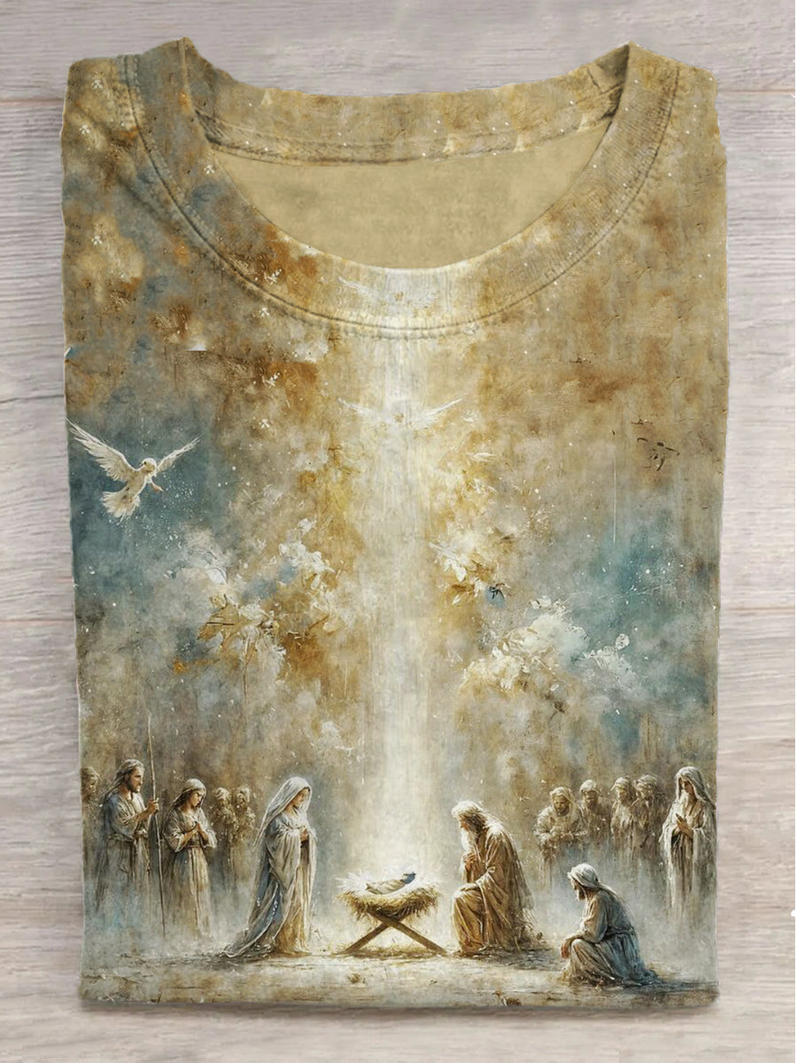 Fantasy Jesus and Holy Light Print Crew Neck Short Sleeve T-Shirt