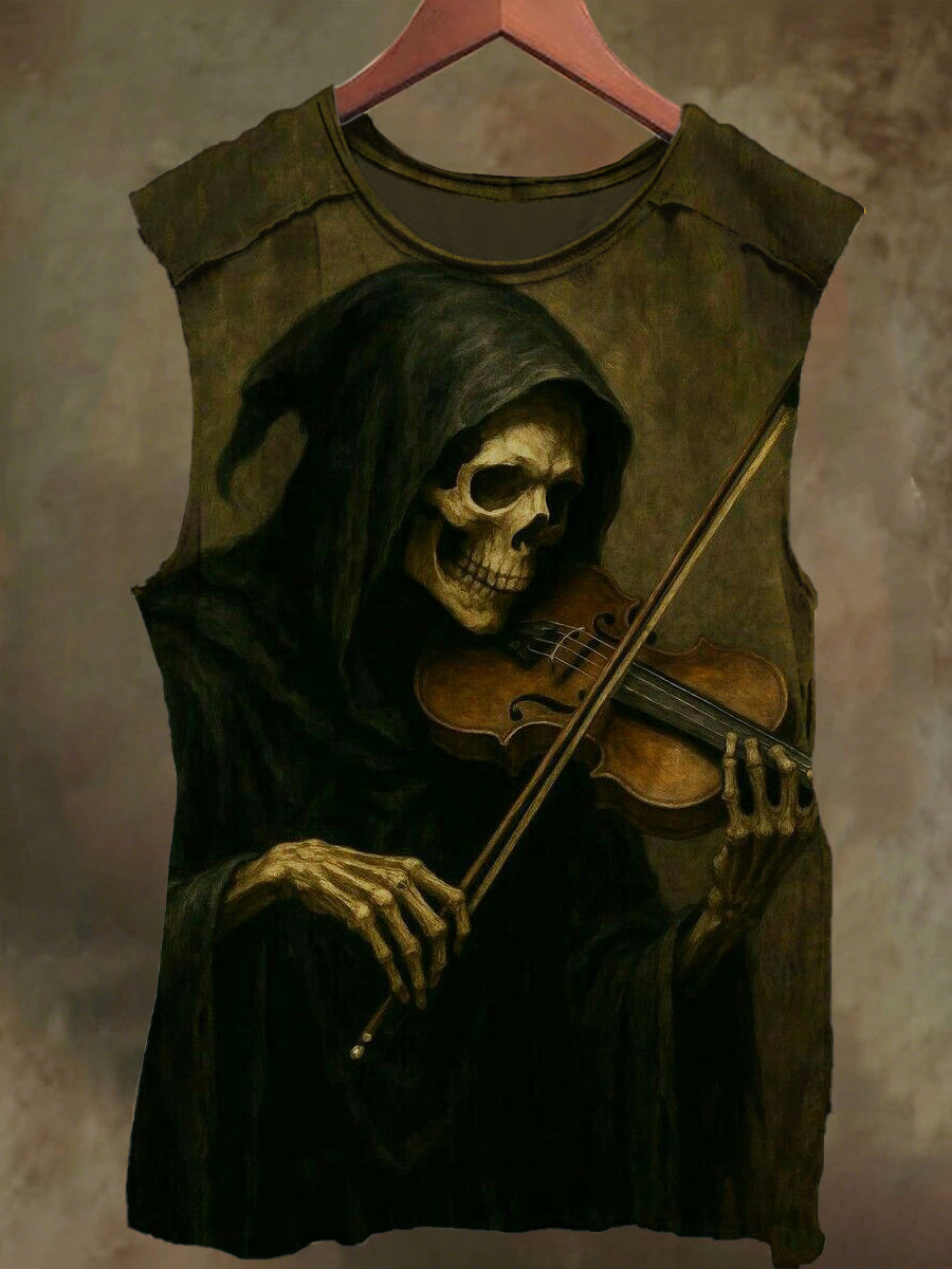 Unisex fiddle-playing skull print casual cotton tank top