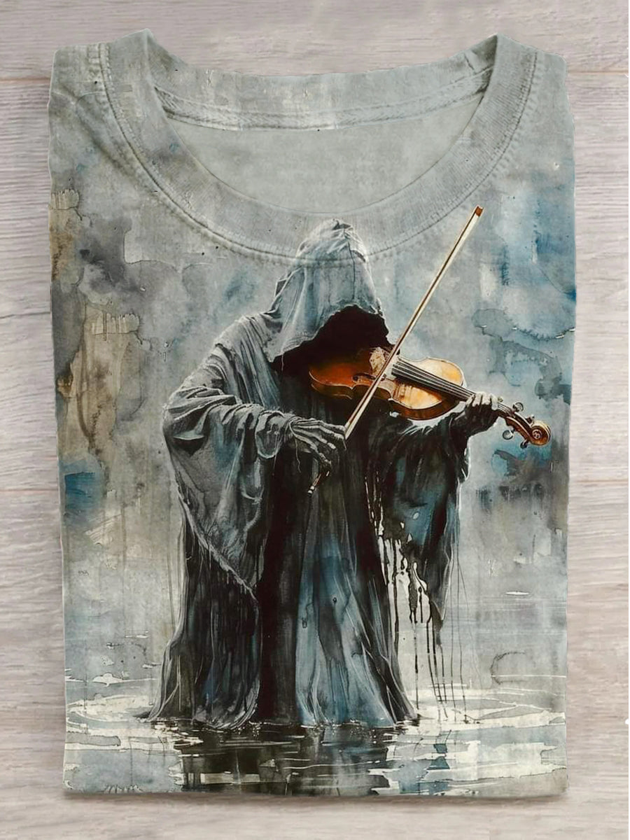Watercolor Violin Skull Print Round Neck Short Sleeve T-Shirt