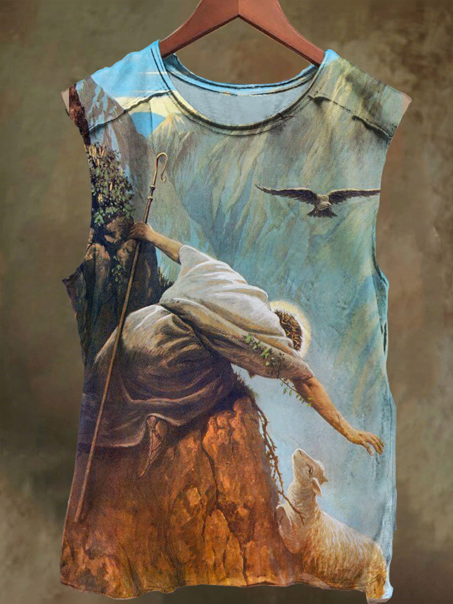 Unisex Jesus on the Cliff and Sheep Print Casual Cotton Tank Top