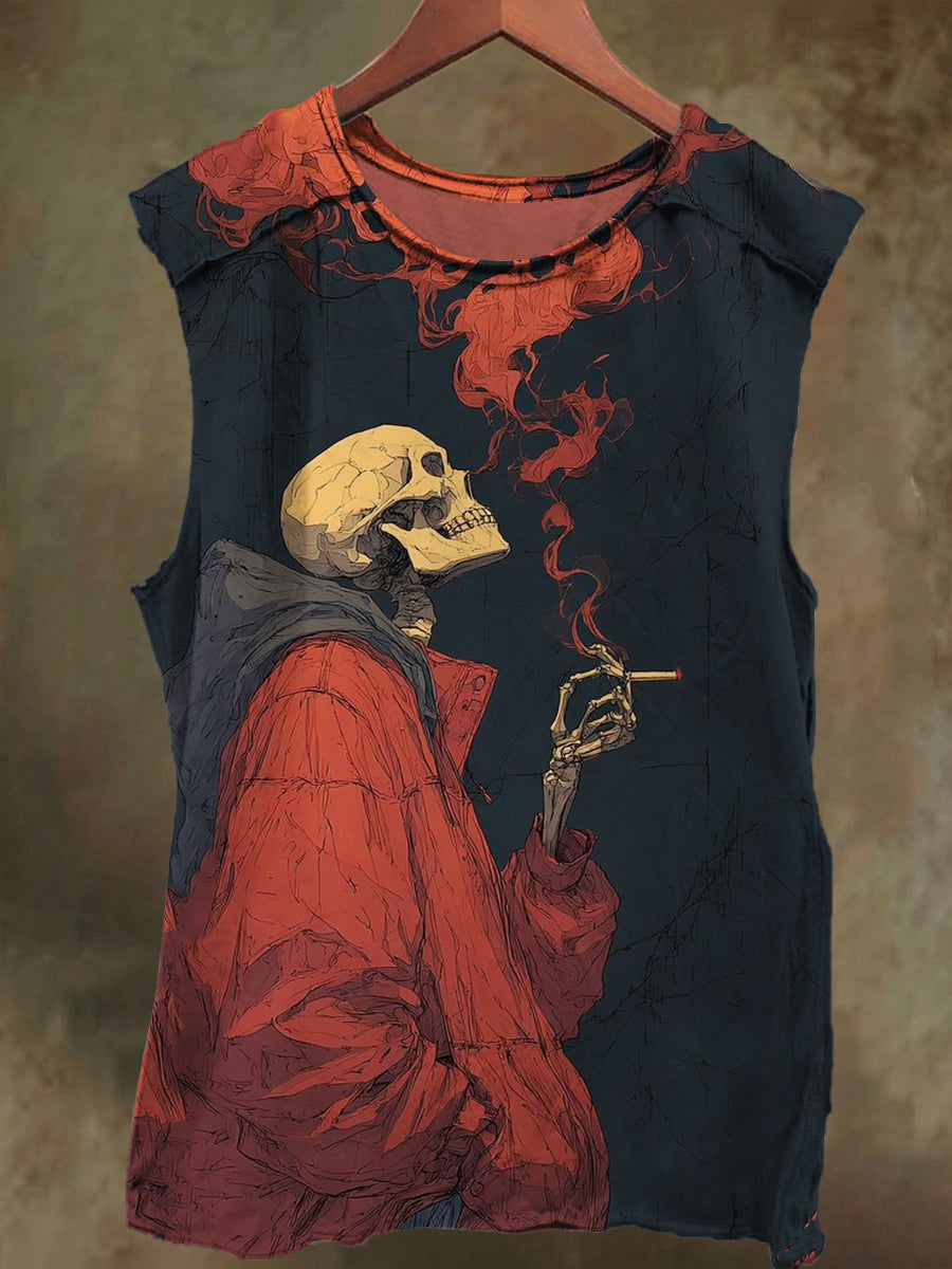 Unisex Smoking Skull Print Casual Cotton Tank Top