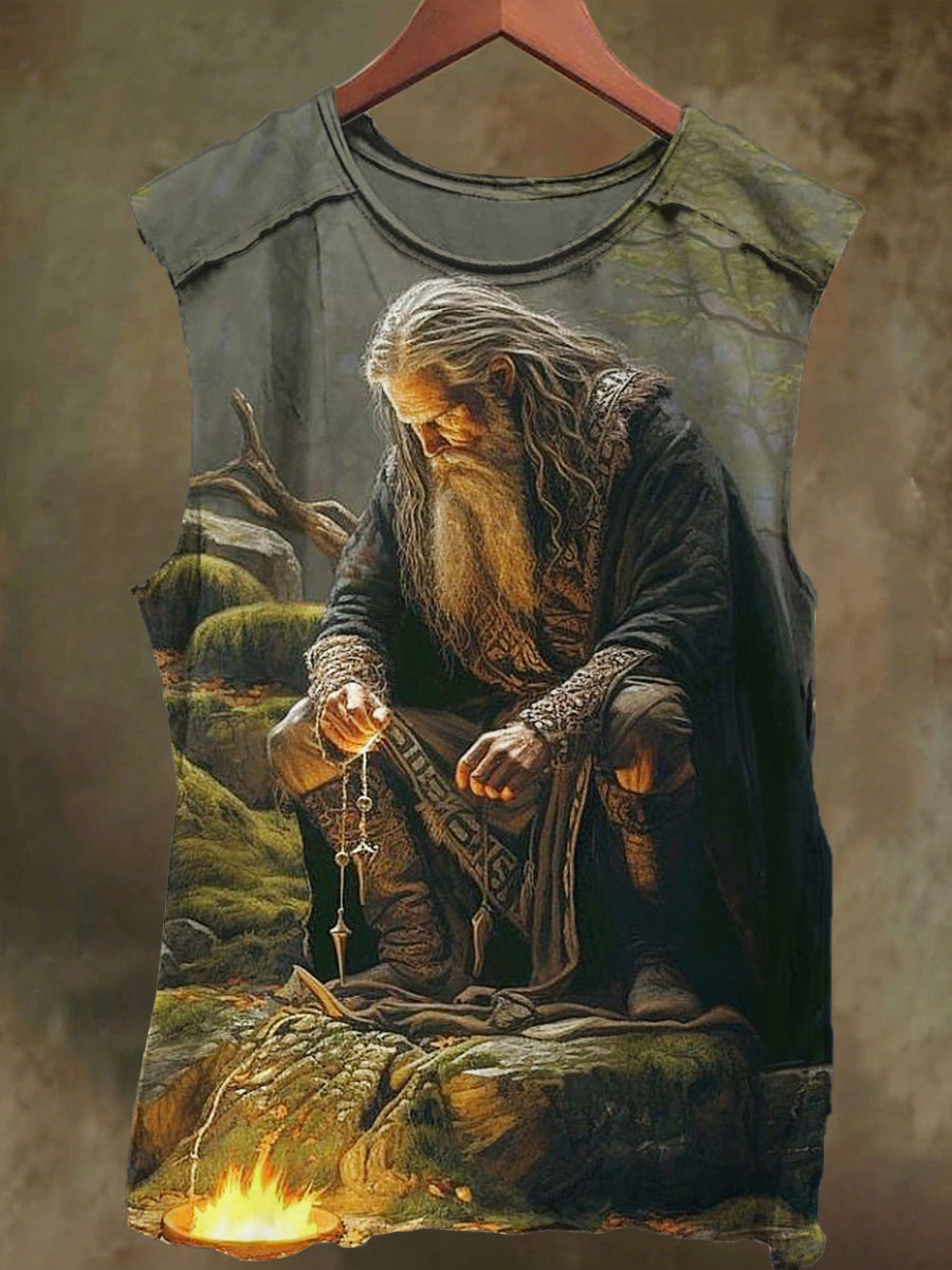 Unisex Old Man Wizard Print Casual Cotton Tank Top