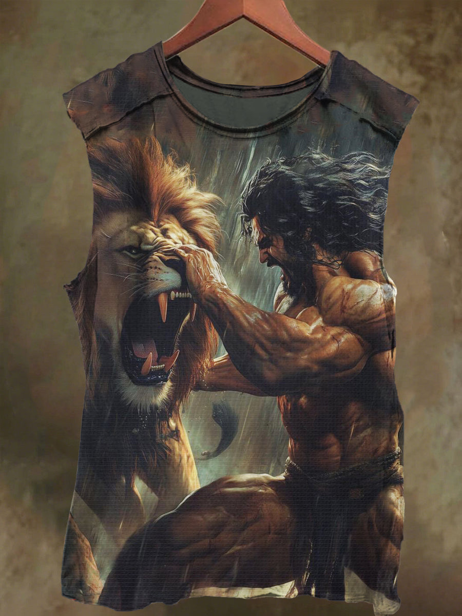 Unisex Warrior and Lion Print Casual Cotton Tank Top