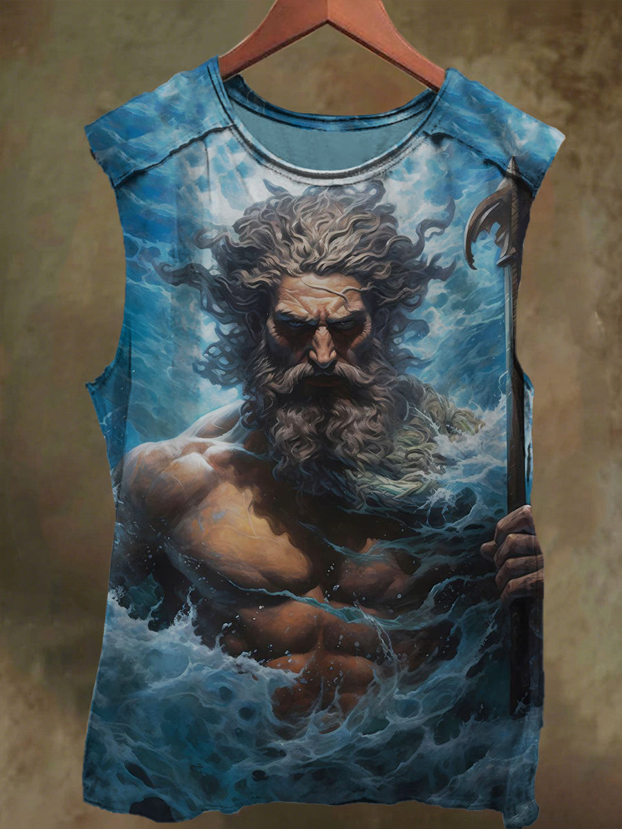 Unisex Poseidon in the Sea Print Casual Cotton Tank Top