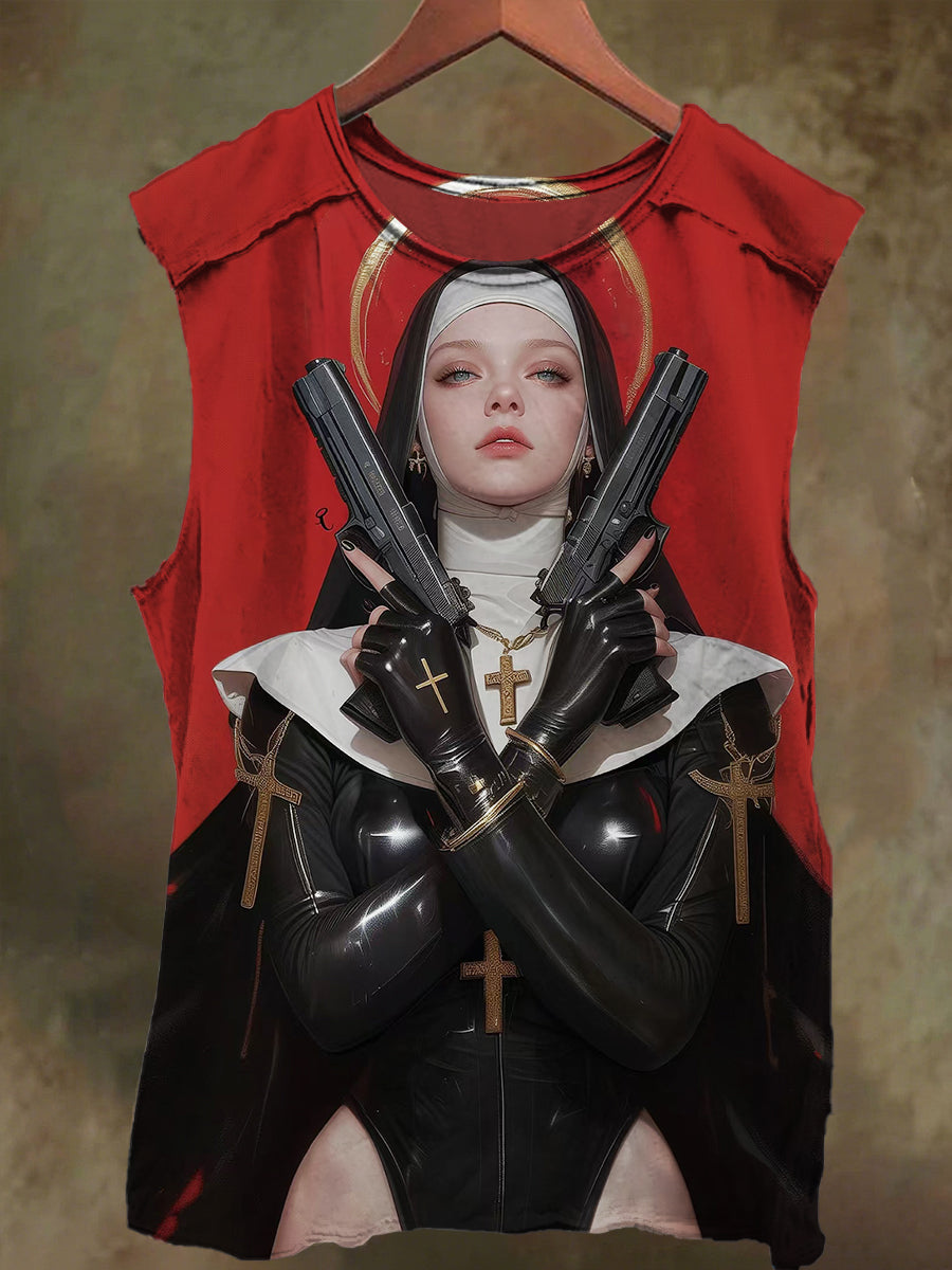 Unisex Nun with Gun Print Casual Cotton Tank Top