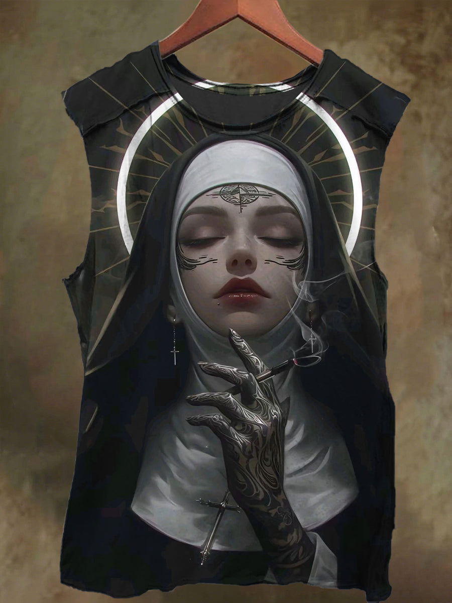 Unisex Halo Smoking Nun Print Casual Cotton Tank Top