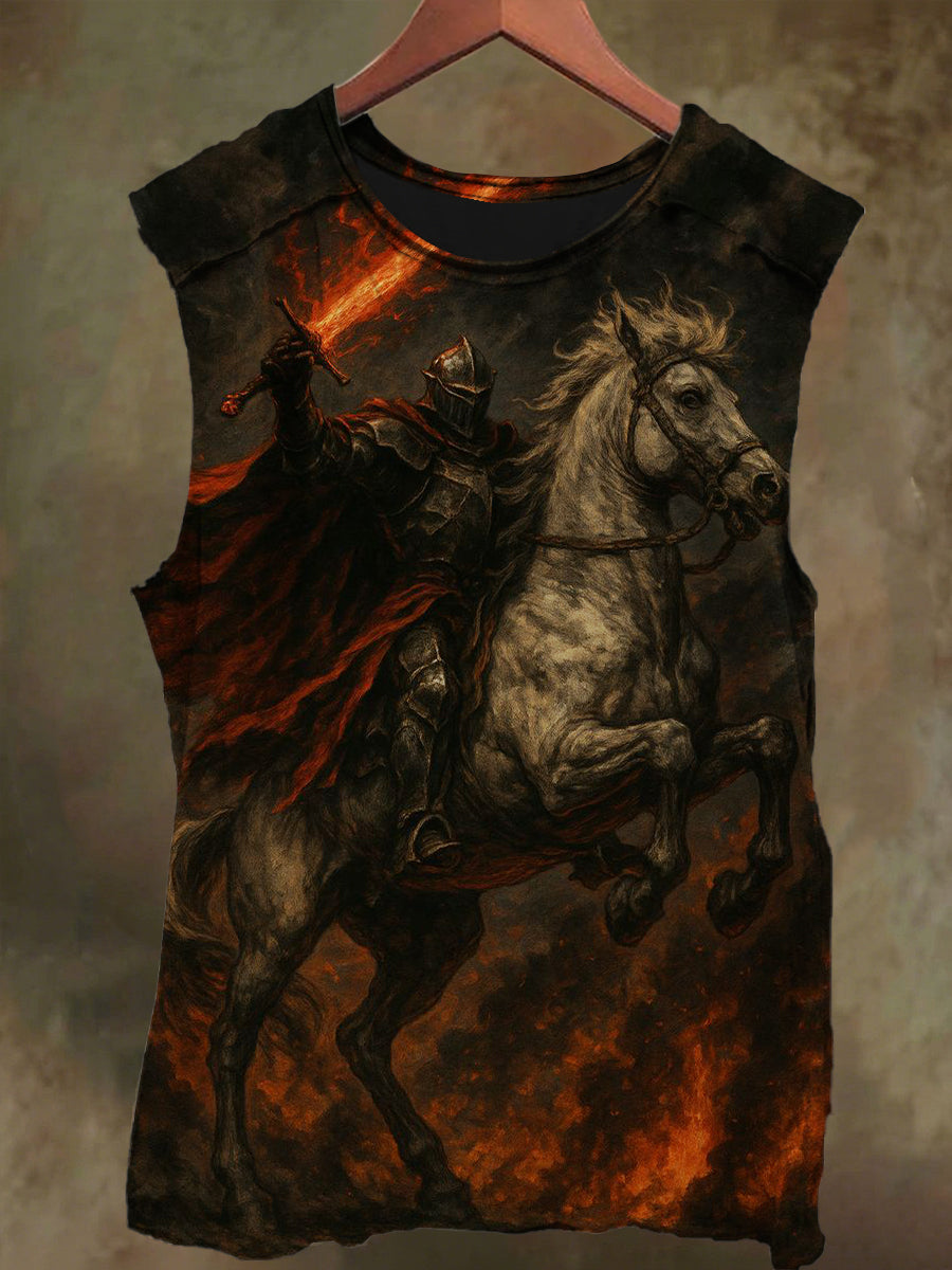 Unisex Rider on Horseback Print Casual Cotton Vest