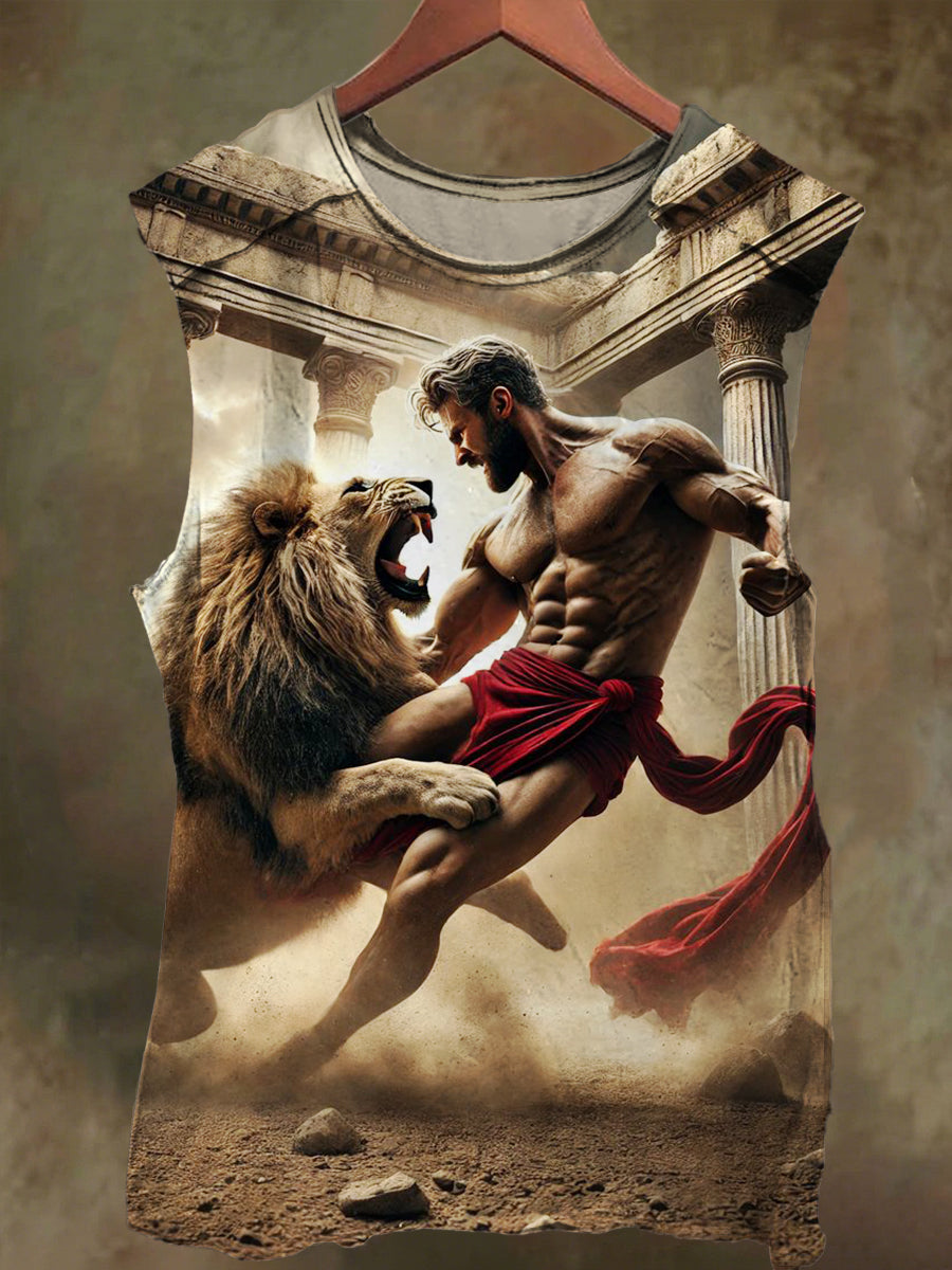 Unisex Gladiator Warrior and Lion Print Casual Cotton Tank Top