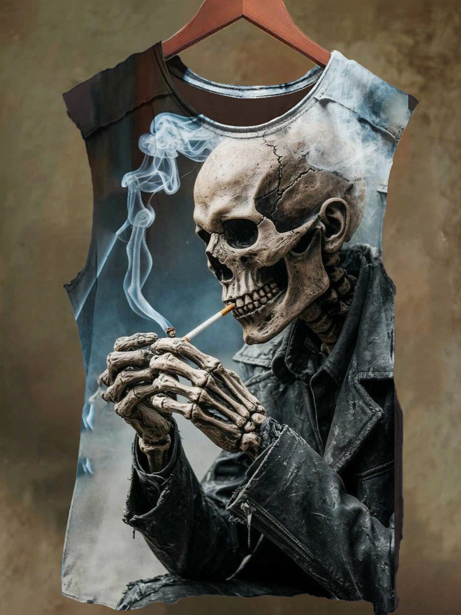 Unisex Smoking Skull Print Casual Cotton Tank Top