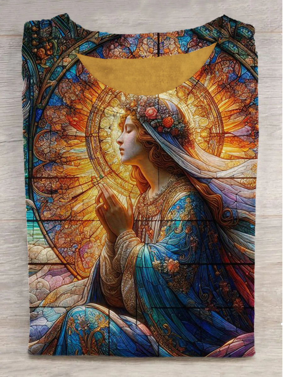 Virgin Mary Printed Round Neck Short Sleeve T-Shirt