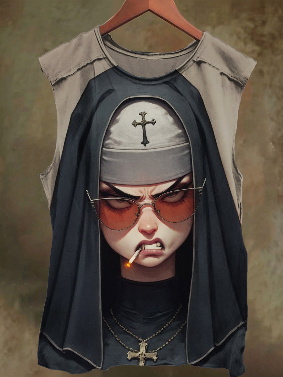 Unisex Nun Printed Casual Cotton Tank Top