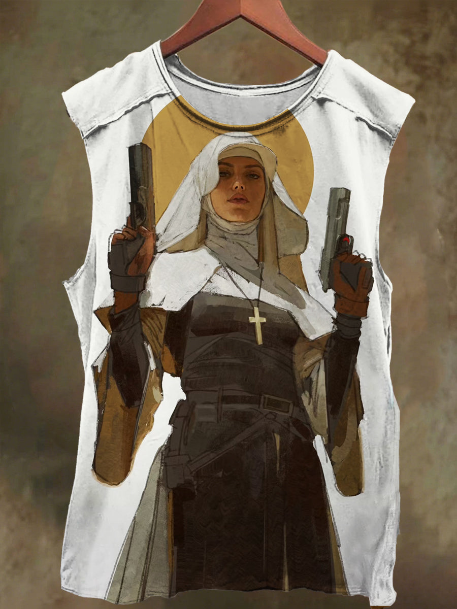 Unisex Twin Gun Nun Print Casual Cotton Tank Top