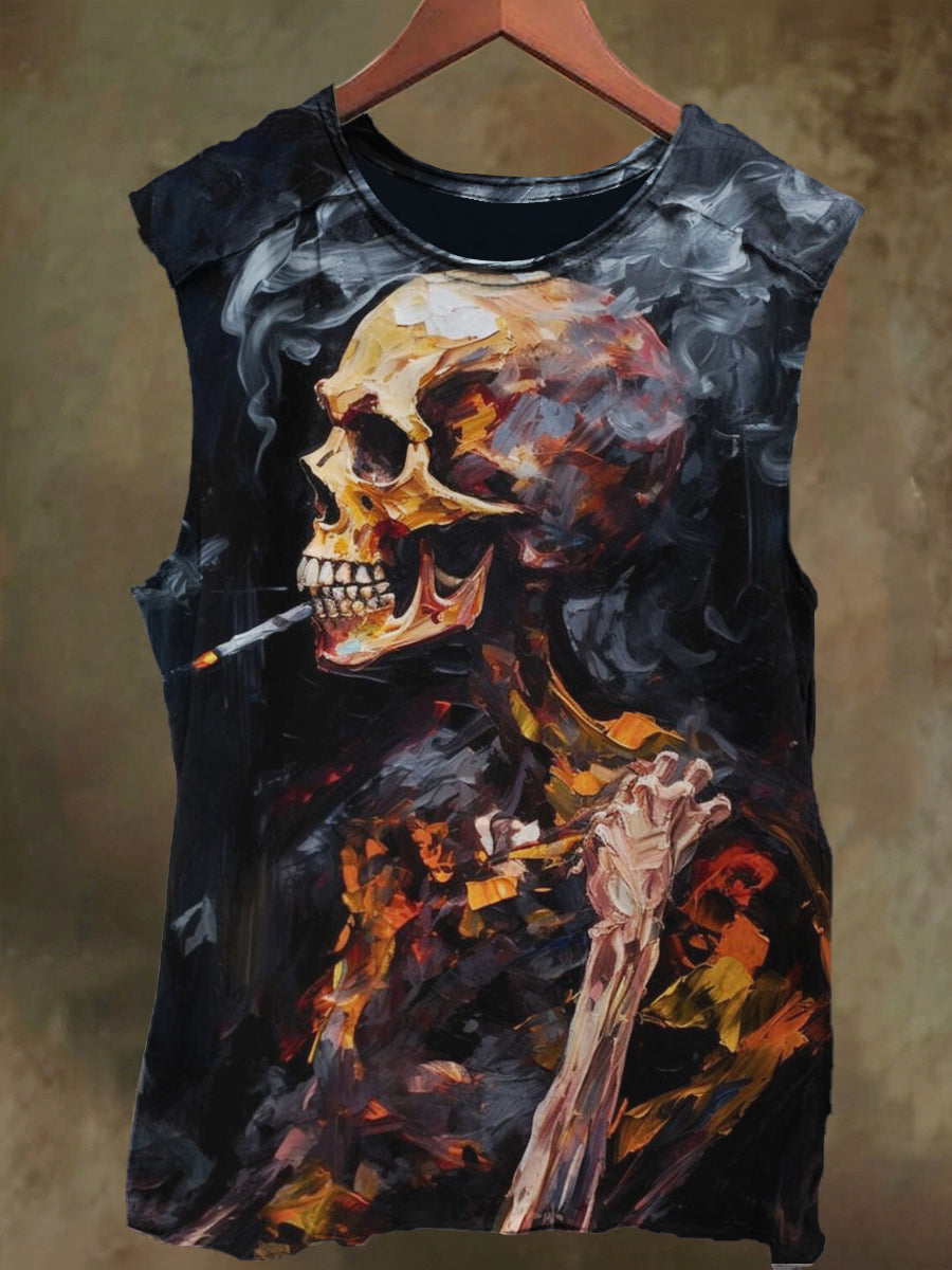 Unisex Smoking Skull Print Casual Cotton Tank Top