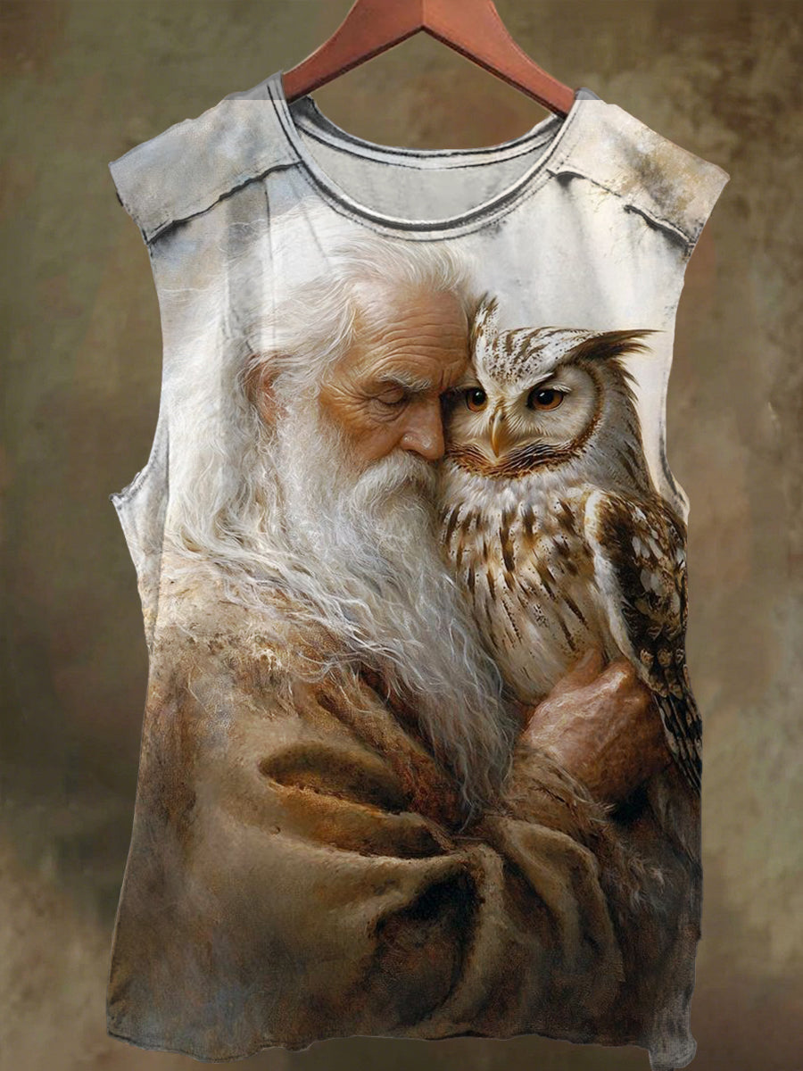 Unisex Old Man and Owl Print Casual Cotton Tank Top