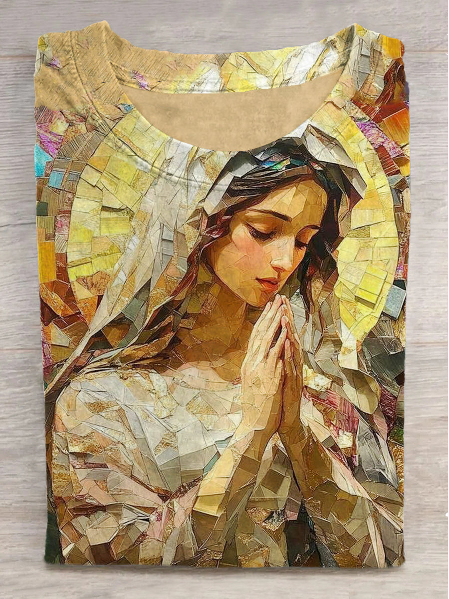 Virgin Mary Printed Round Neck Short Sleeve T-Shirt