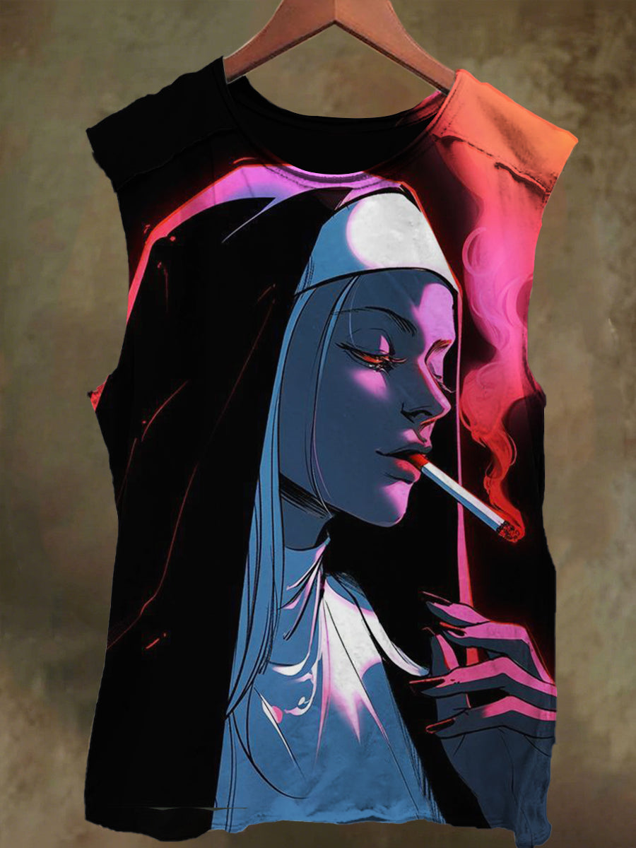 Unisex Smoking Nun Print Casual Cotton Tank Top