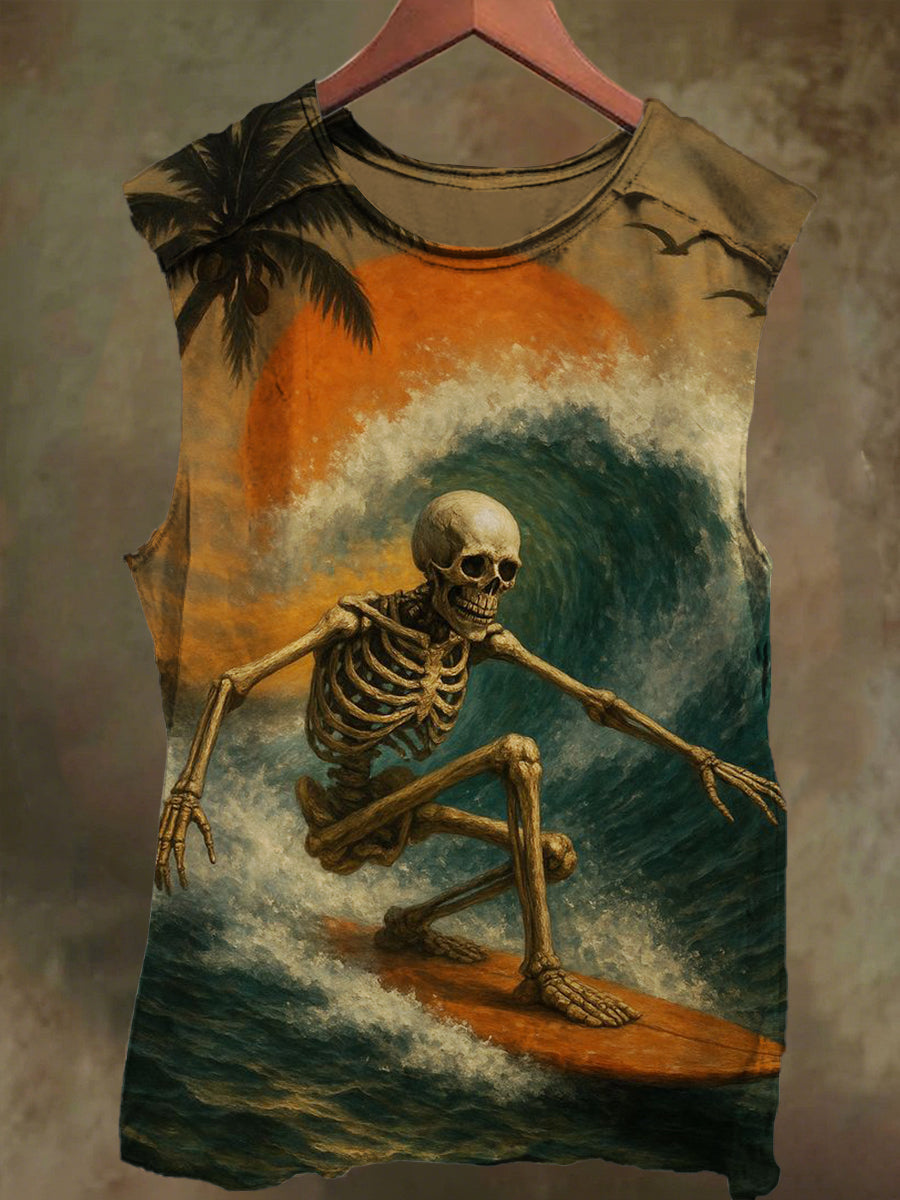 Unisex Surf Skull Print Casual Cotton Tank Top