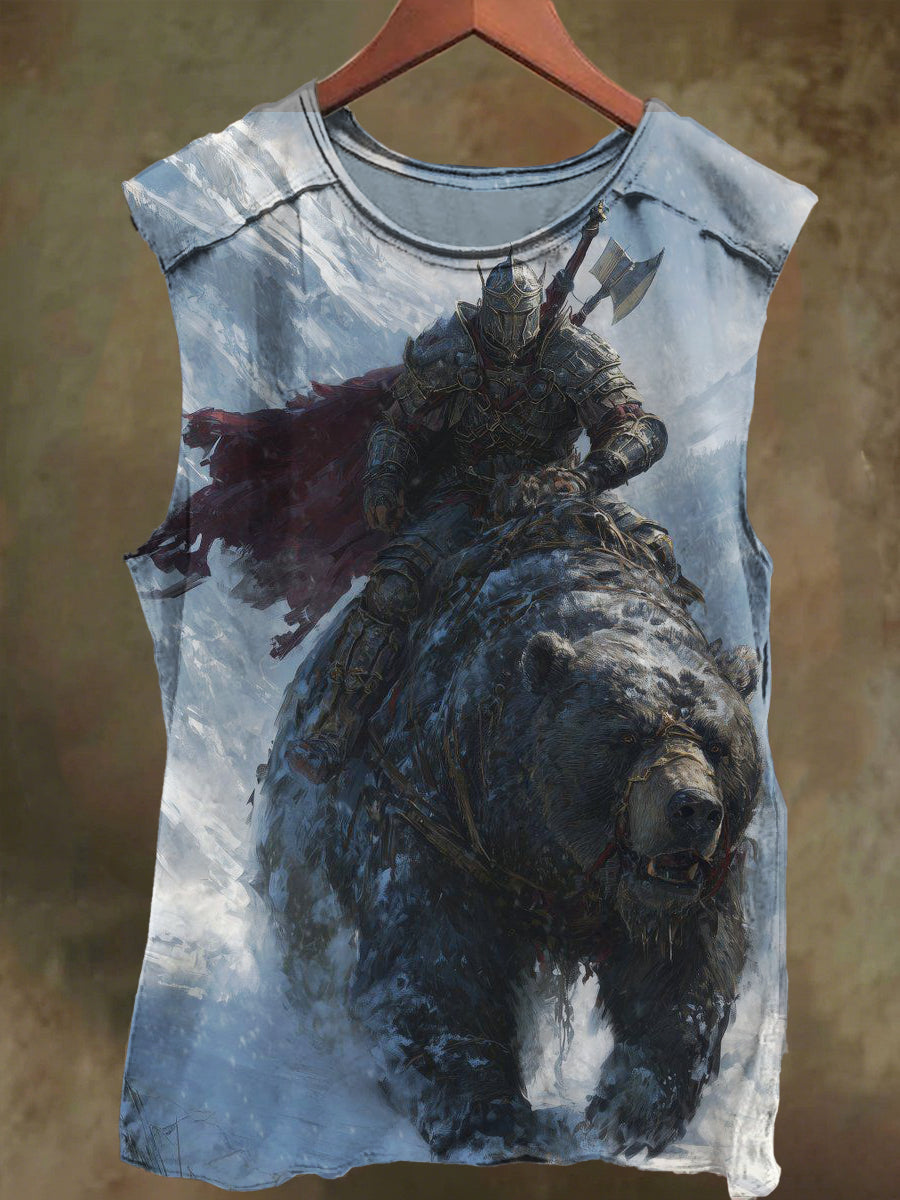 Unisex Knight and Bear Print Casual Cotton Tank Top