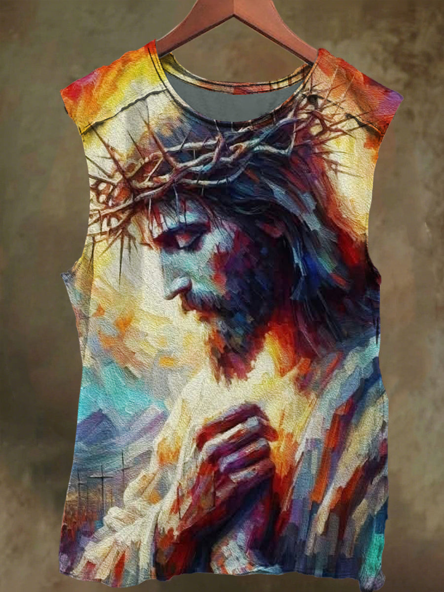 Unisex Oil Painting Jesus Print Casual Cotton Tank Top