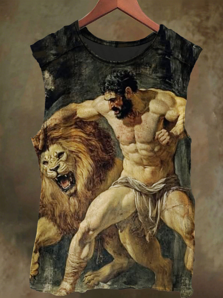 Unisex Grit and Lion Print Casual Cotton Tank Top