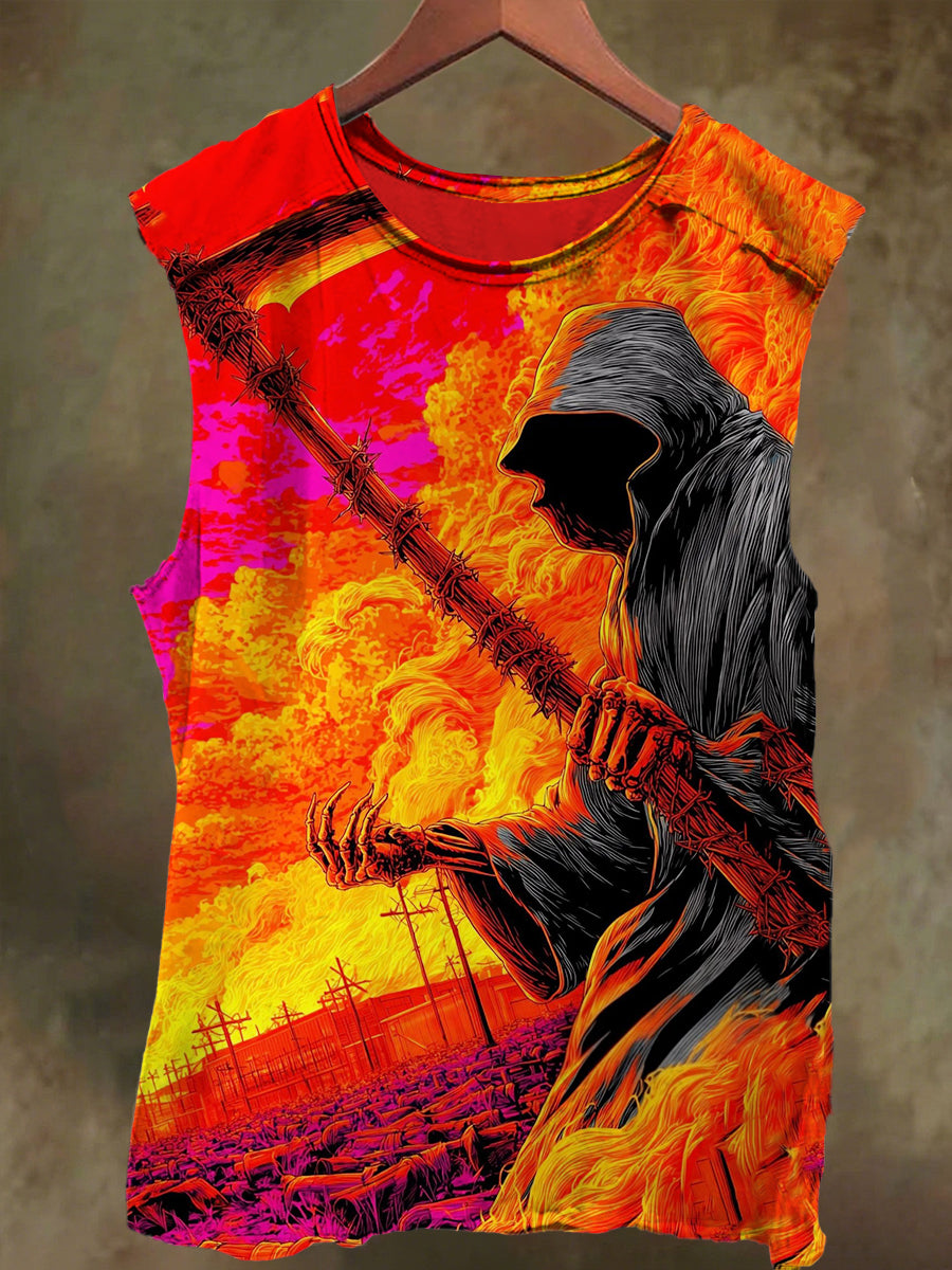 Unisex Flame Skull Sickle Print Casual Cotton Tank Top