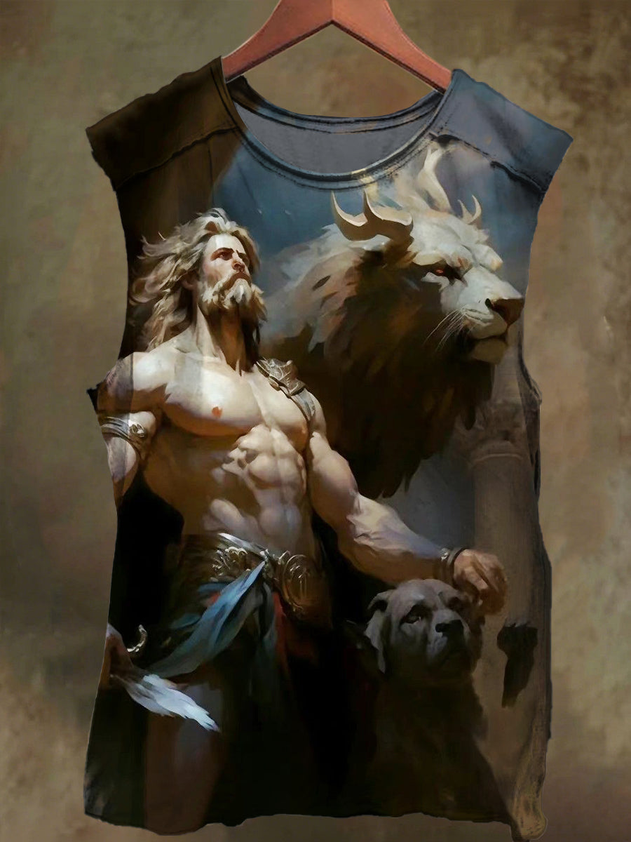 Unisex Warrior and Dragon Print Casual Cotton Tank Top