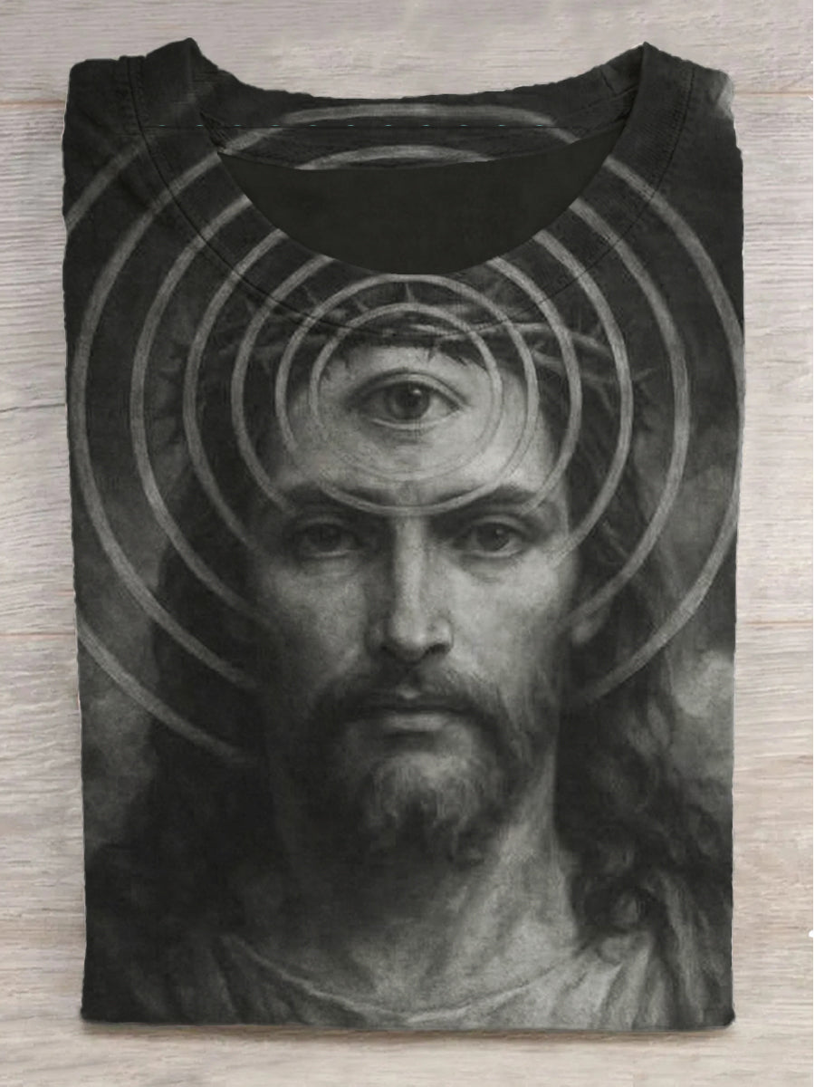 Jesus Eye Print Crew Neck Short Sleeve T-Shirt