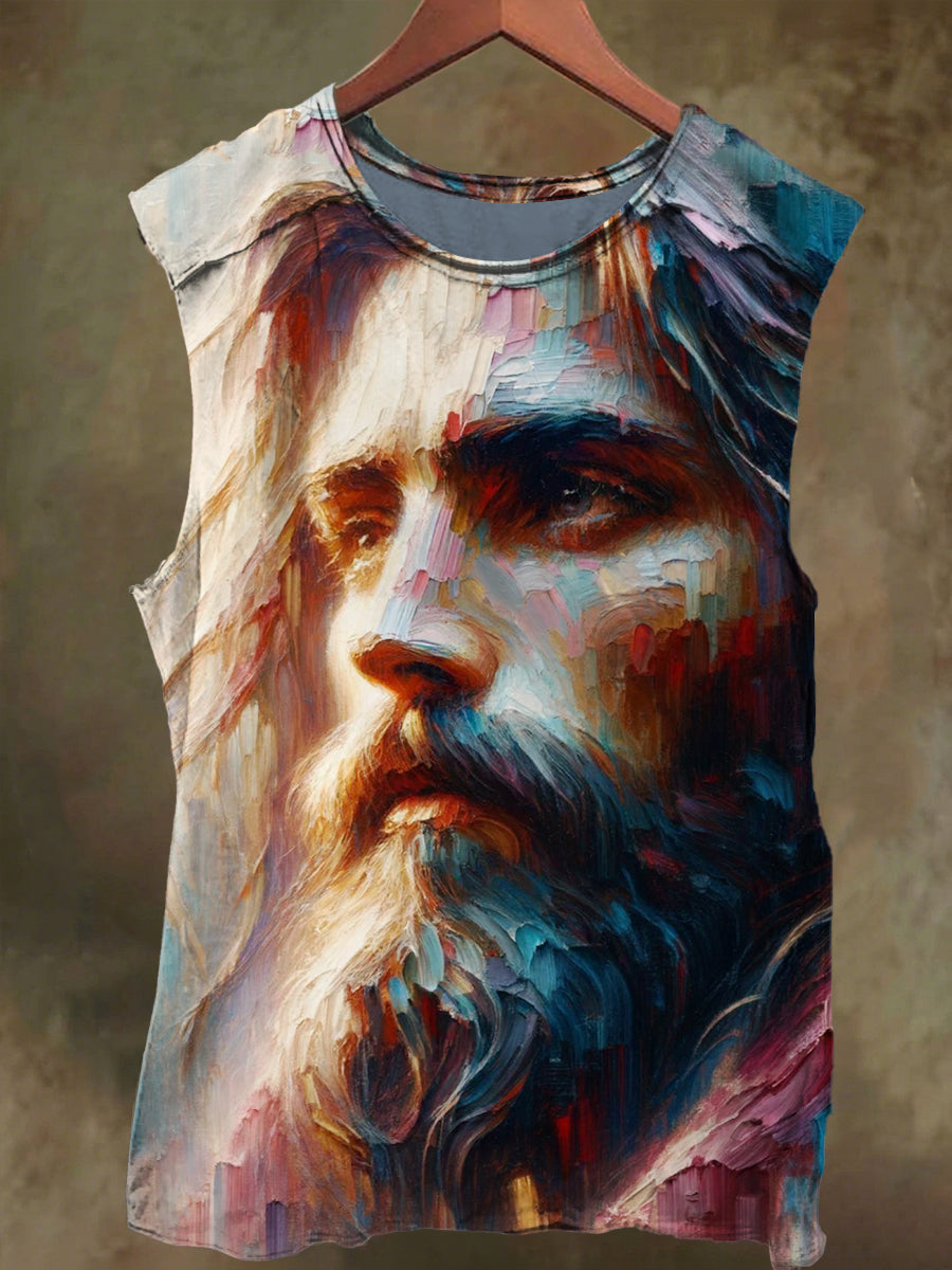 Unisex Oil Painting Jesus Print Casual Cotton Tank Top