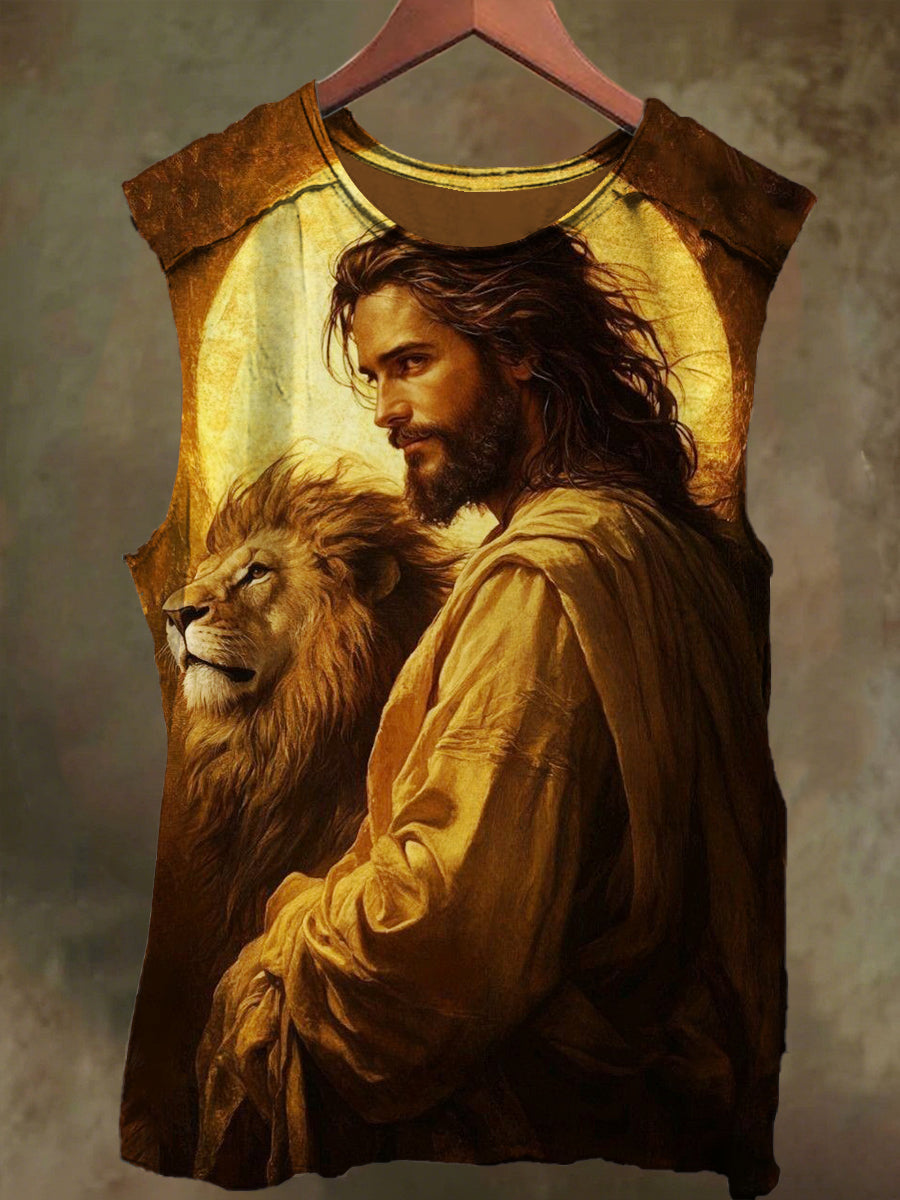 Unisex Jesus and Lion Print Casual Cotton Tank Top