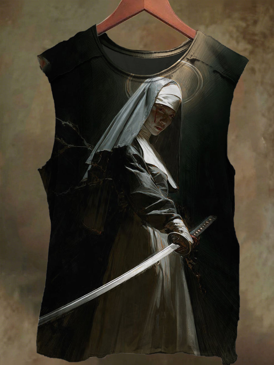Unisex Nun's Sword Print Casual Cotton Tank Top