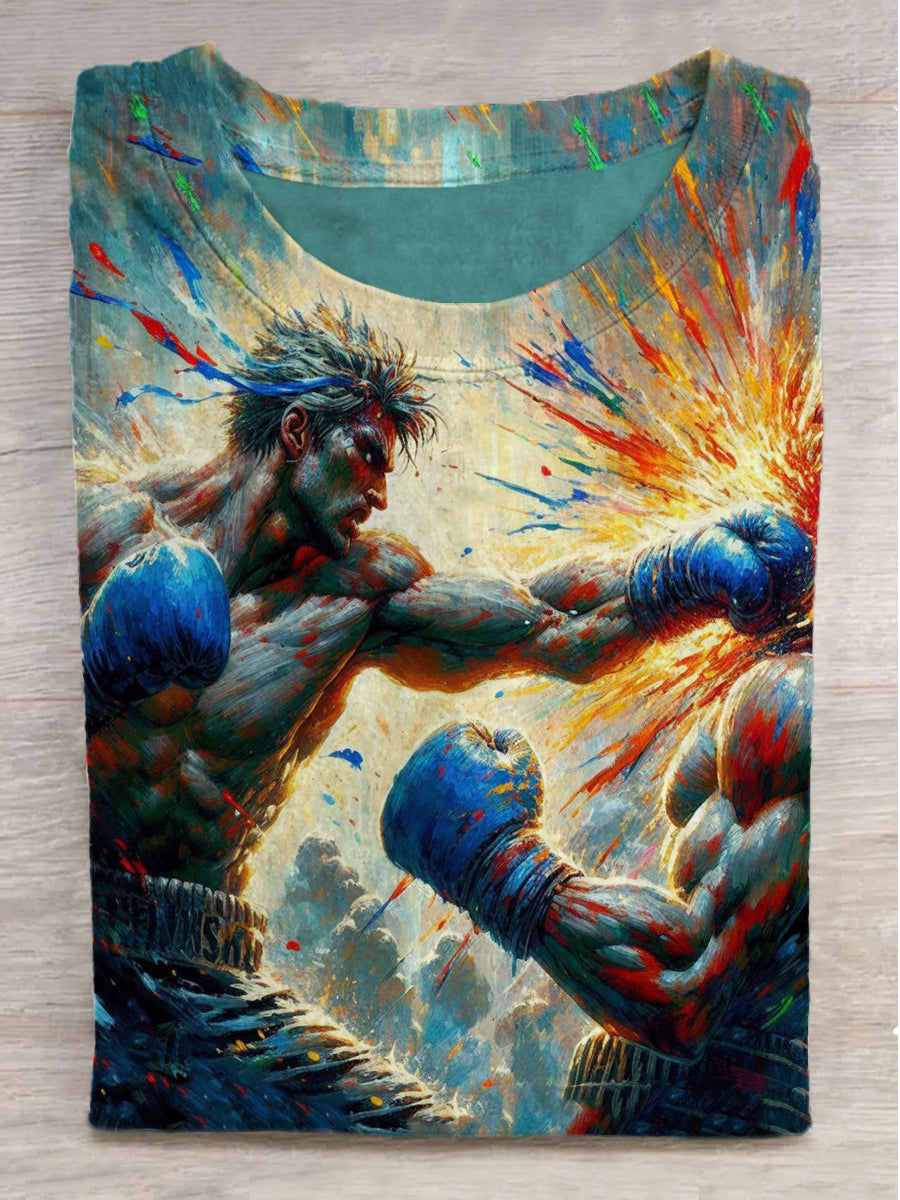 Boxing Graffiti Print Round Neck Short Sleeve T-Shirt