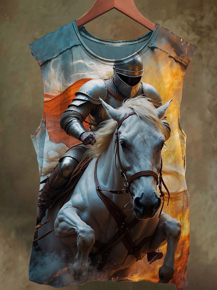 Unisex White Horse Rider Print Casual Cotton Tank Top