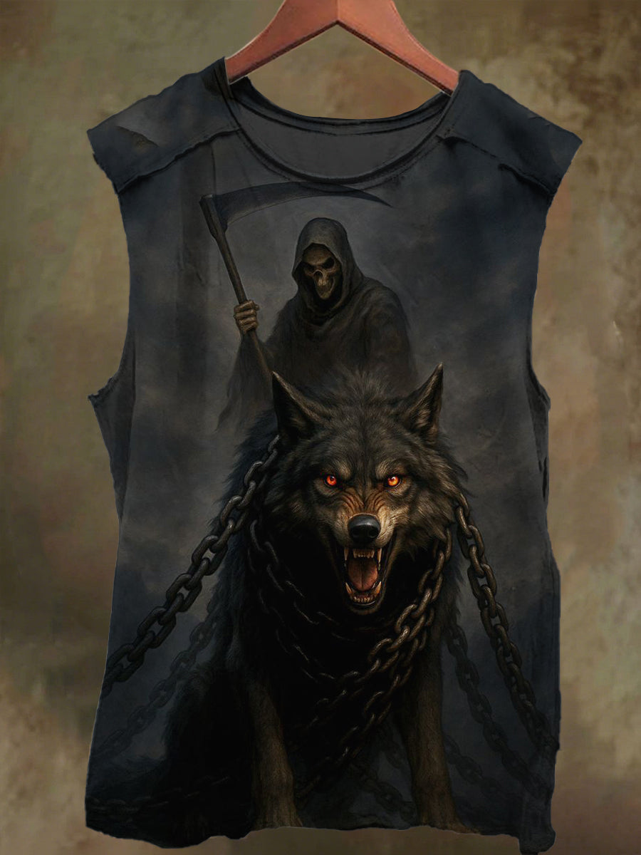 Unisex Skull and Wolf Print Casual Cotton Tank Top