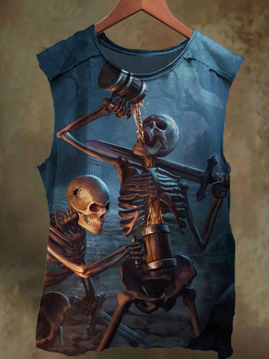 Unisex Skull and Wine Print Casual Cotton Tank Top