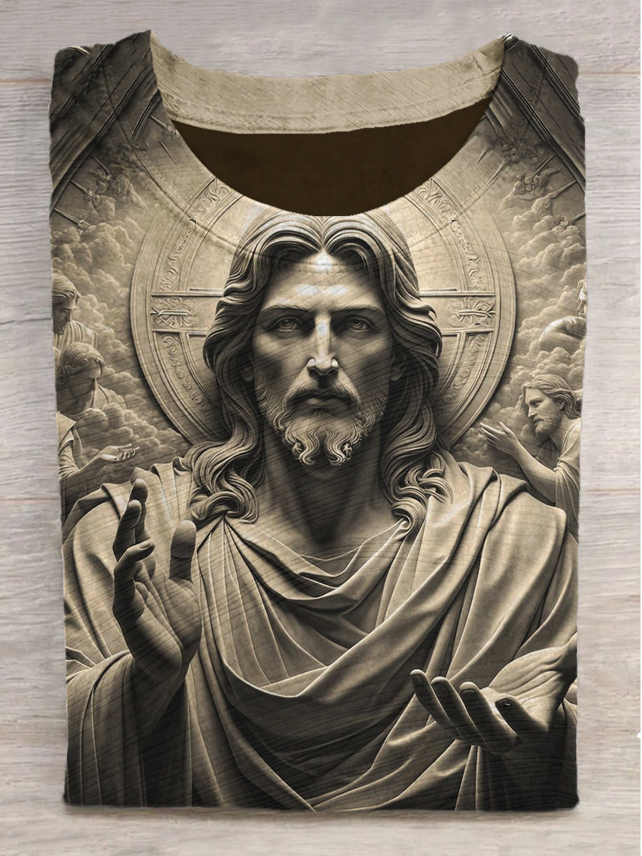 Embossed Jesus Print Round Neck Short Sleeve T-Shirt