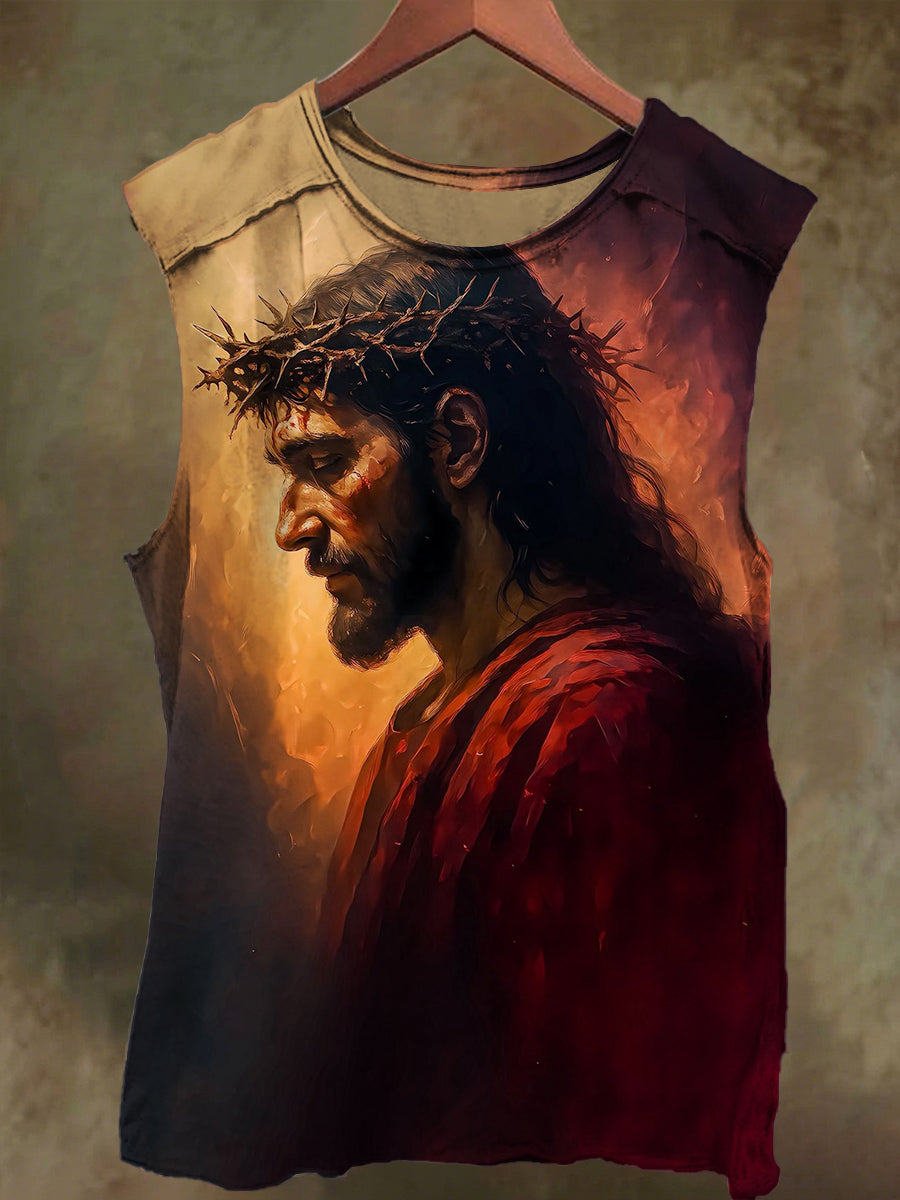 Unisex Jesus in Flames Print Casual Cotton Tank Top