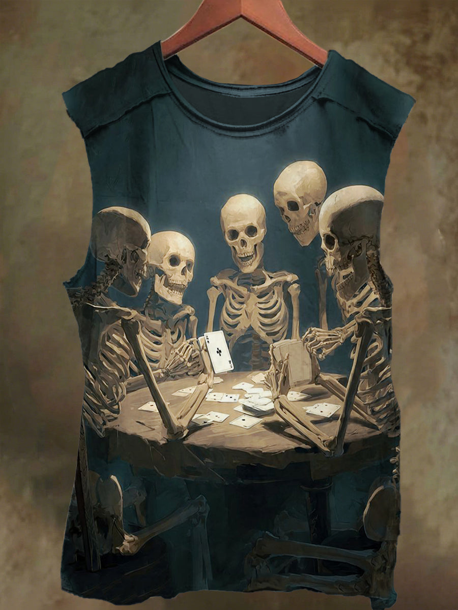 Unisex Skull Playing Cards Print Casual Cotton Tank Top