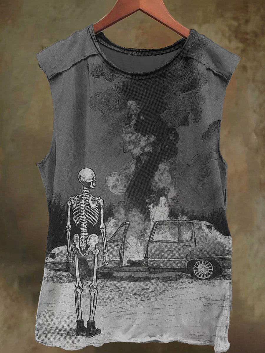 Unisex Skull and Car Print Casual Cotton Tank Top