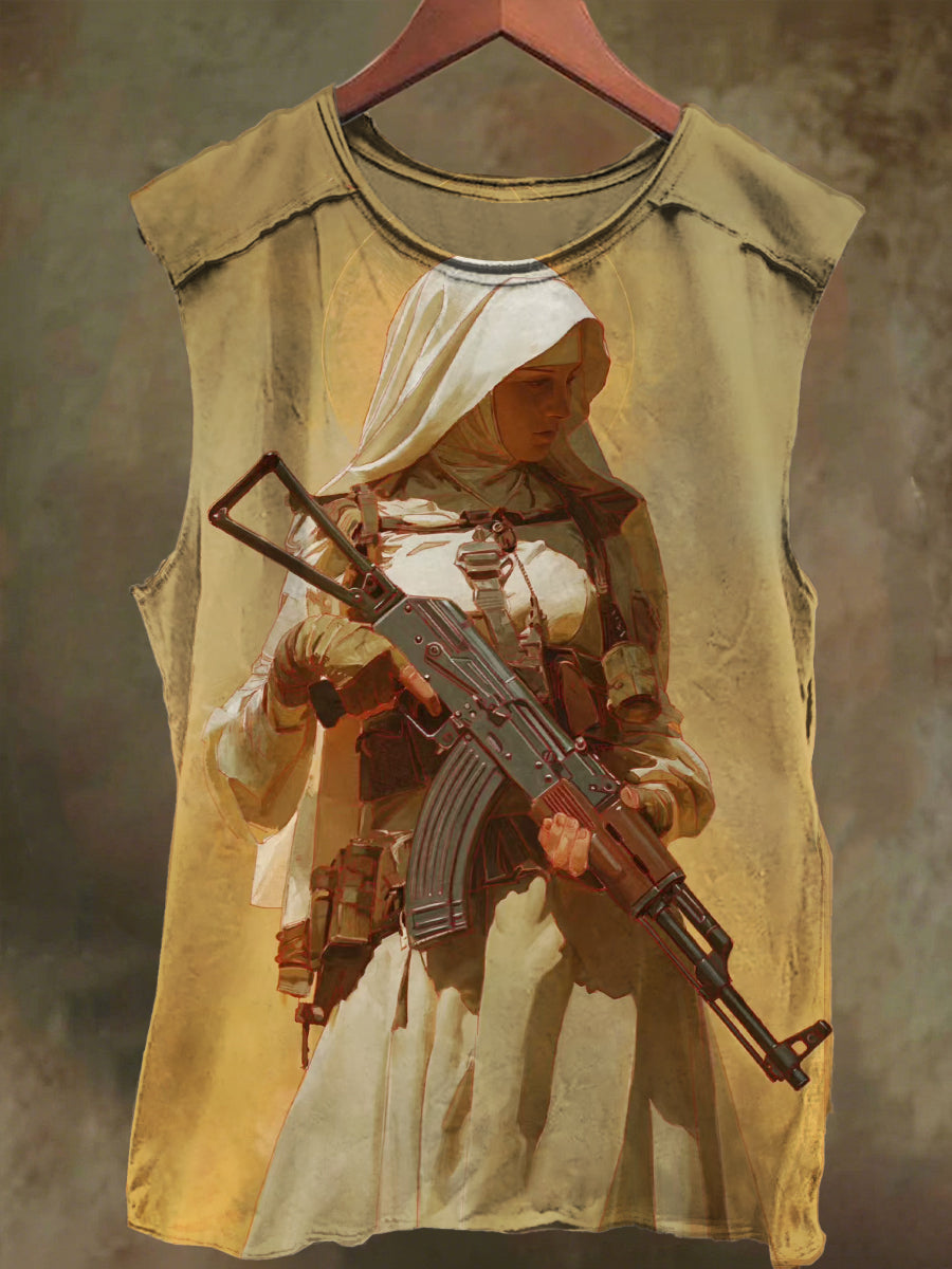 Unisex Nun with Gun Print Casual Cotton Tank Top