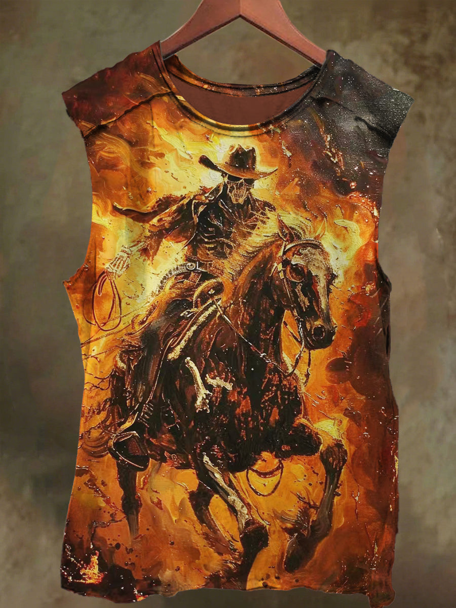 Unisex Denim Skull Flame Print Casual Cotton Tank Top