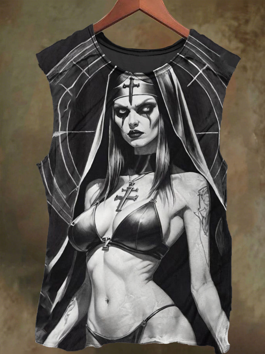 Unisex Gothic Nun Print Casual Cotton Tank Top
