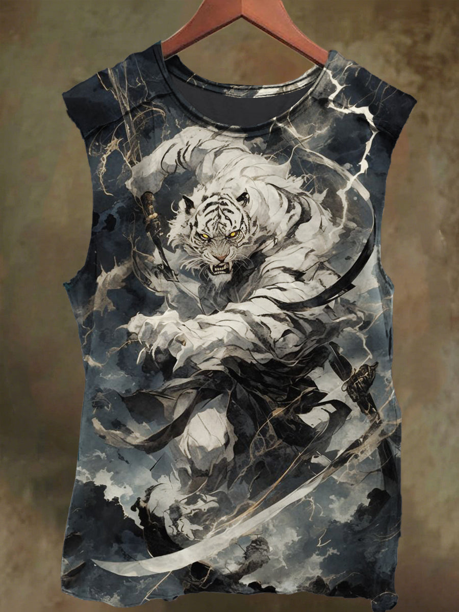 Unisex White Tiger Warrior Print Casual Cotton Tank Top