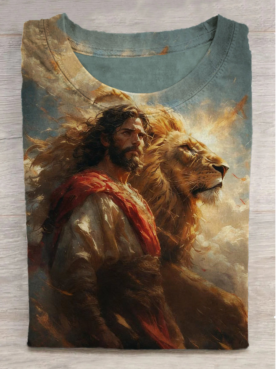 Jesus and the Lion Print Crew Neck Short Sleeve T-Shirt